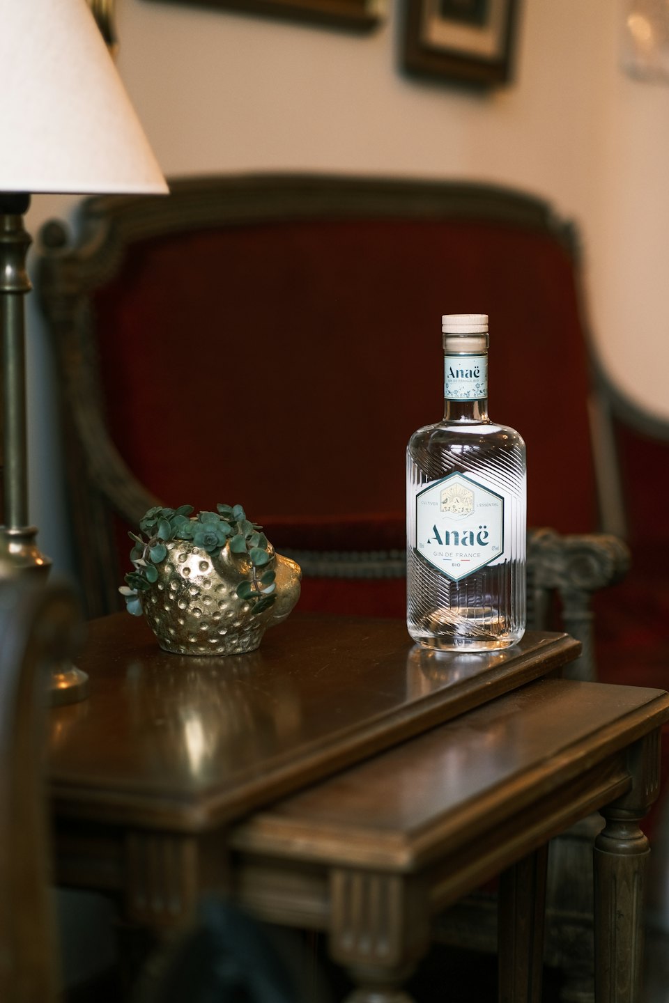 A gin bottle and a succulent pot sit on a wooden table.